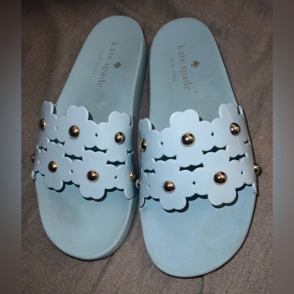 Kate Spade Blue Floral Slides with Gold Studs